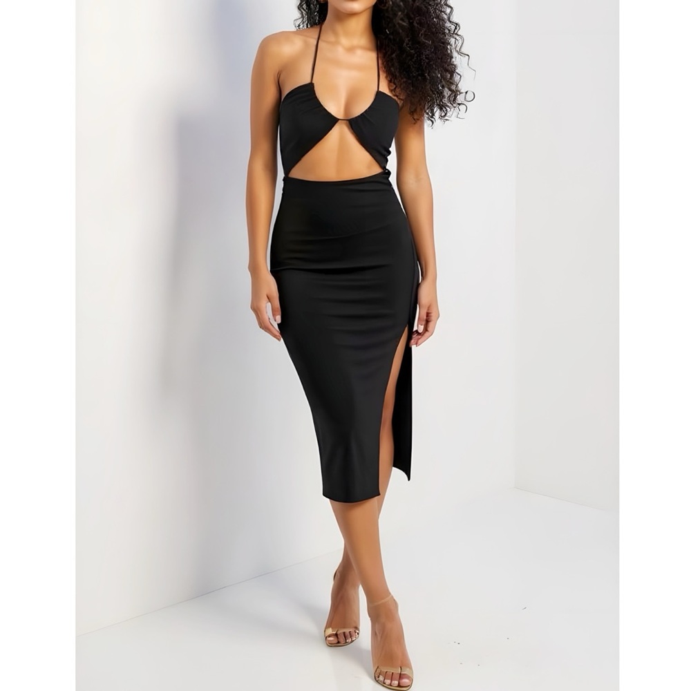 NBD Greta Halter Knit Midi Dress, Black, Large